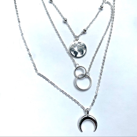 Silver Triple Layer Earth Ring Moon Necklace - Picture 3 of 4
